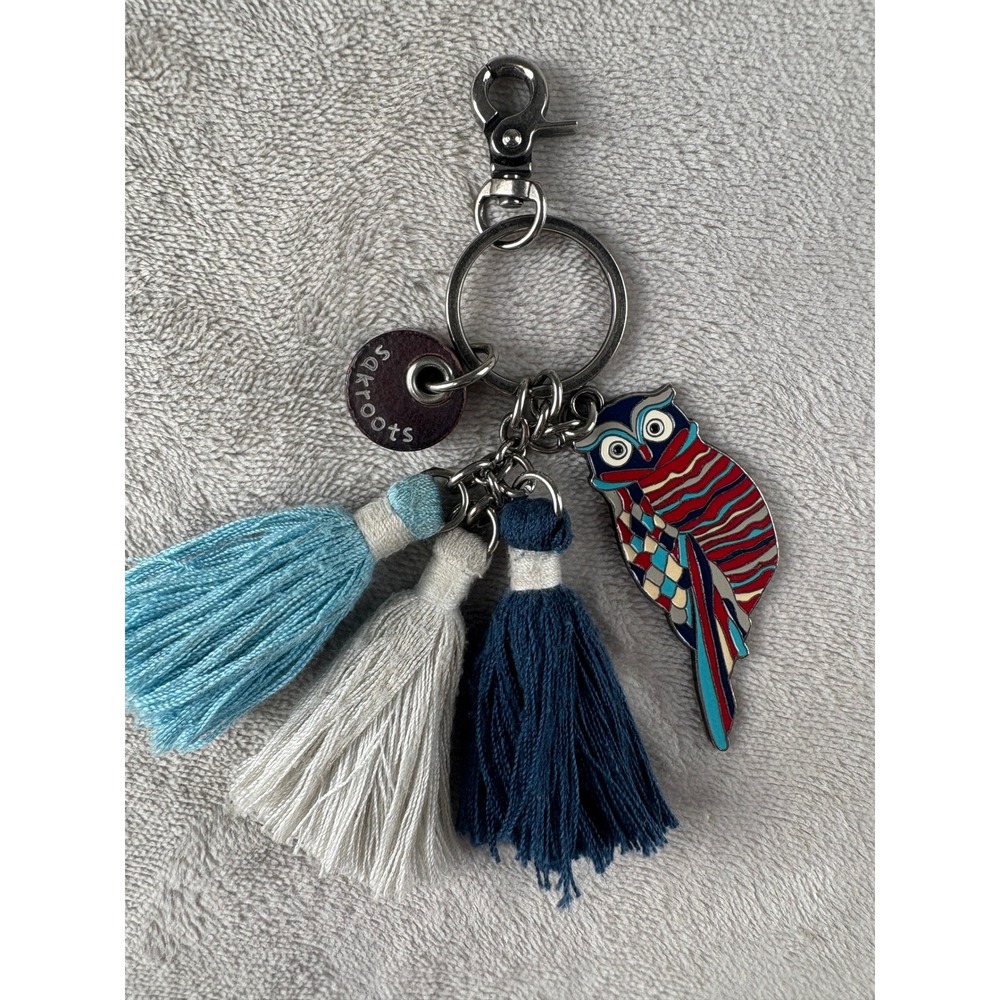 Sakroots Owl Keychain Bag Charm Tassel Boho Blue Red Silver Tone Accessory
